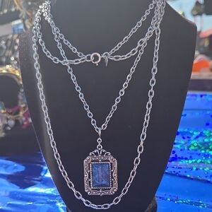 Sarah Coventry Roman Holiday Double Strand Silver Necklace with Blue Pendant